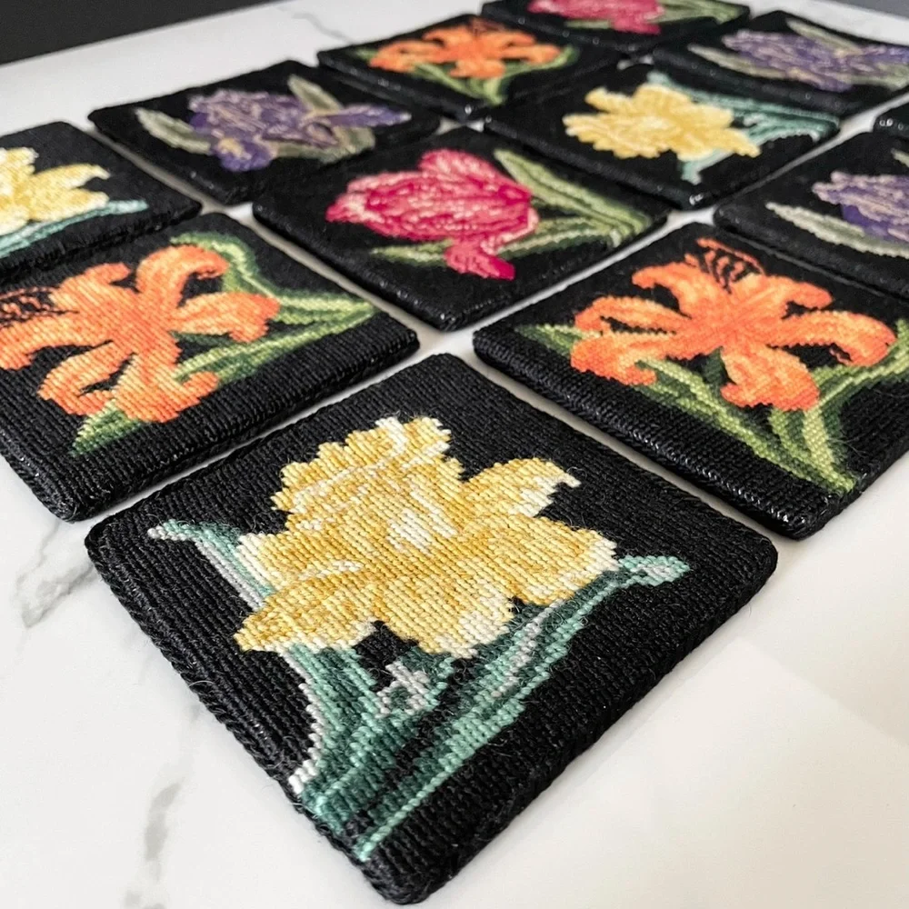 SET of 12 Floral Needlepoint Coasters